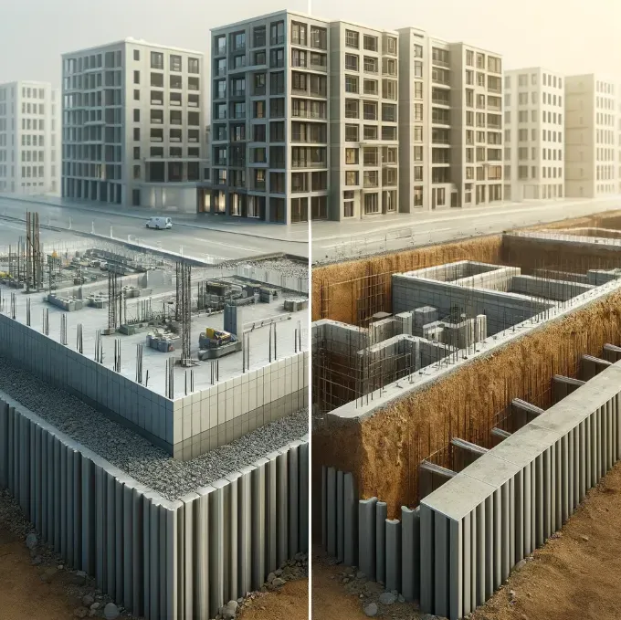 Obrazek przedstawia porównanie dwóch typów fundamentów stosowanych w budownictwie: płyty fundamentowej i ław fundamentowych.