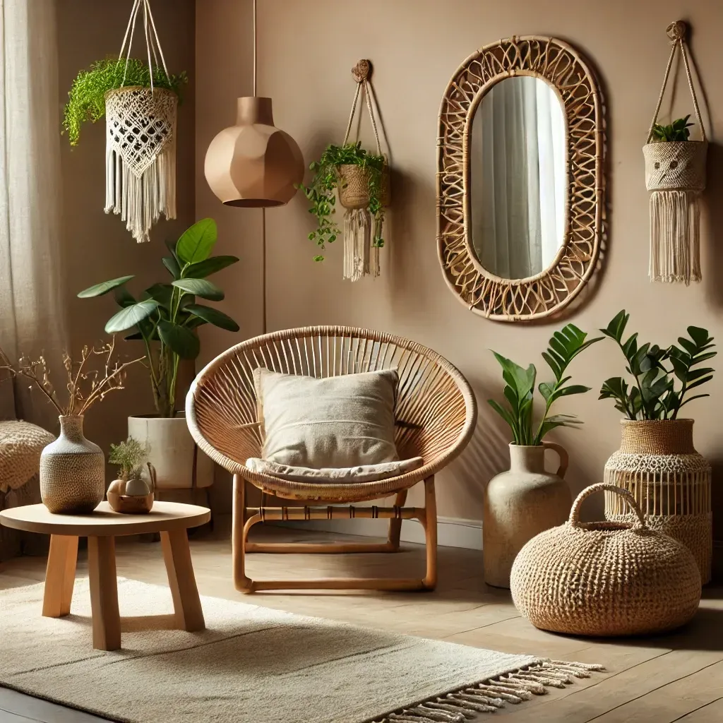 Nowoczesne, przytulne wnętrze z modnymi dodatkami: rattanowym fotelem, drewnianym stolikiem, ceramicznymi dekoracjami i wiszącymi roślinami w makramowych kwietnikach. Naturalna paleta barw i miękkie tekstylia tworzą harmonijną atmosferę.