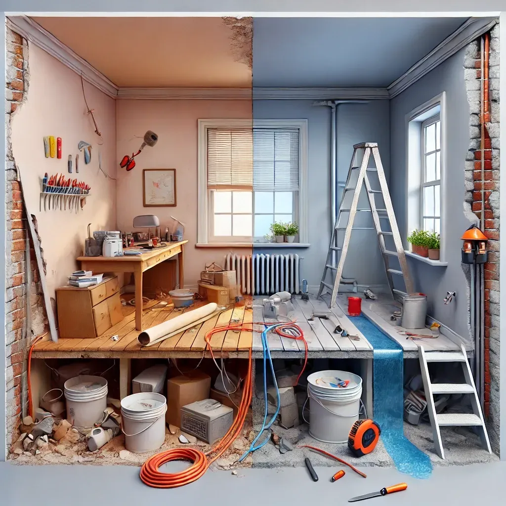 Obrazek przedstawia porównanie najczęstszych błędów remontowych, takich jak nierówne malowanie, źle ułożona podłoga, odsłonięte przewody i nieszczelna hydraulika, z poprawnie wykonanymi pracami po prawej stronie.