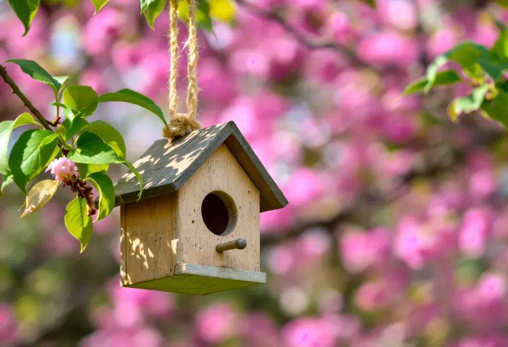 Drewniany domek dla ptaków zawieszony na gałęzi