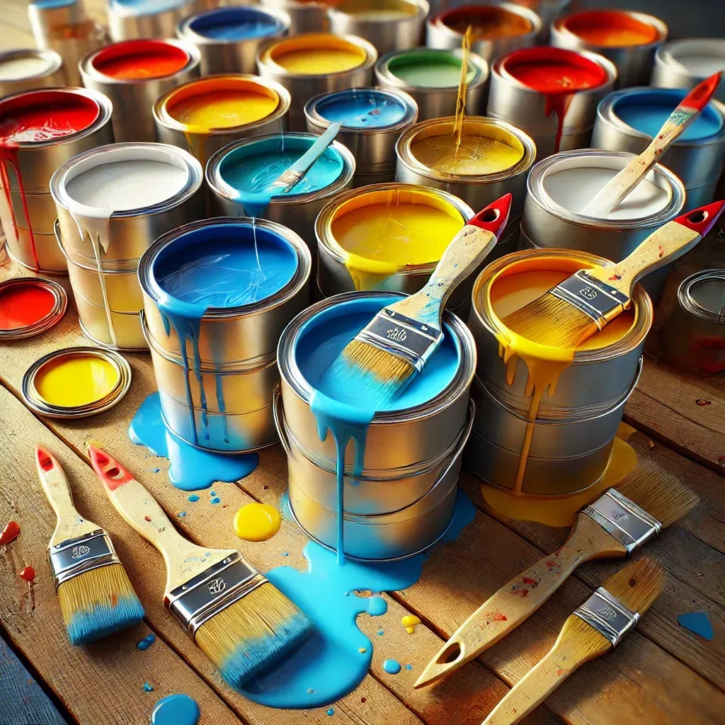 Obrazek przedstawia otwarte puszki farb w różnych kolorach z pędzlami na krawędziach i śladami farby na drewnianej powierzchni roboczej.