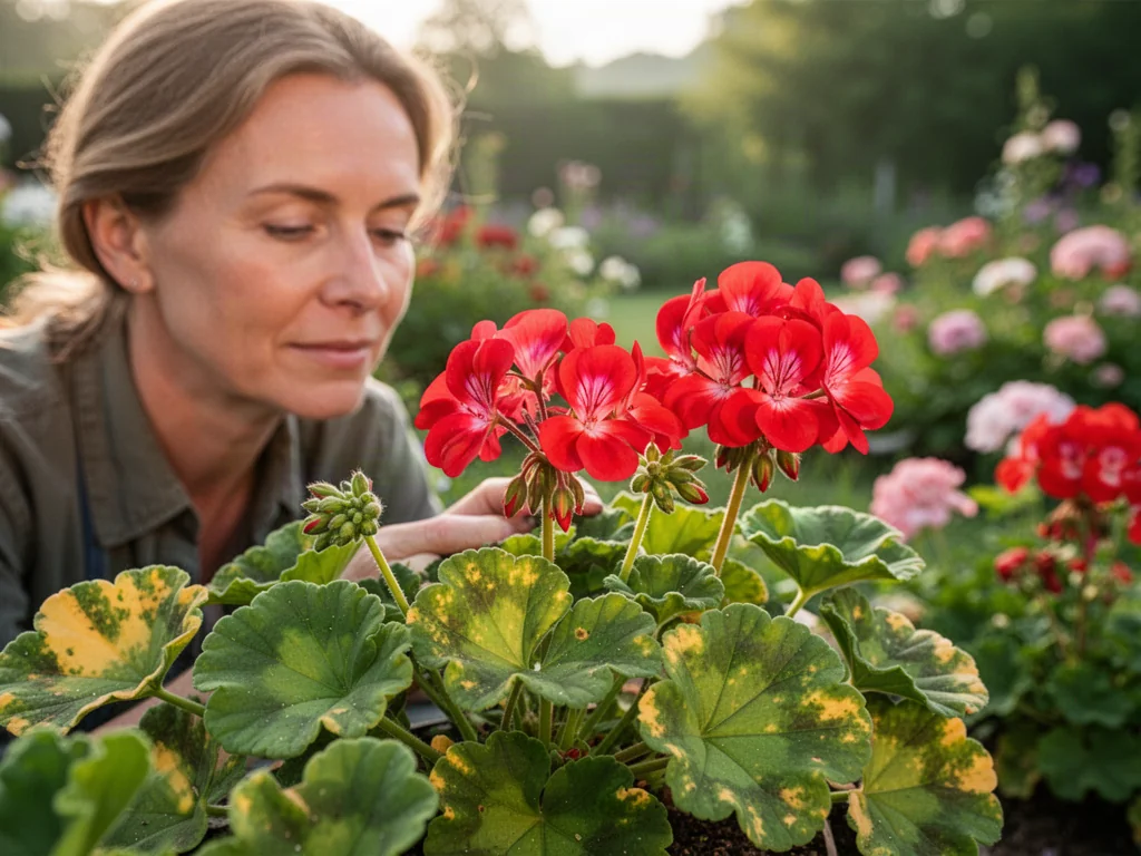 Kobieta pielęgnująca pelargonię z widocznymi żółtymi przebarwieniami na liściach w słonecznym ogrodzie.