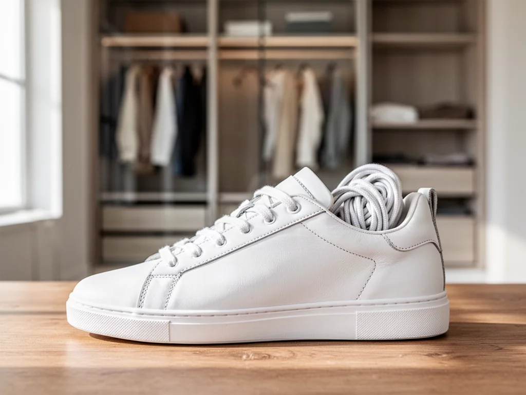 Biały sneaker z estetycznie schowanymi sznurówkami, prezentujący schludny i minimalistyczny wygląd obuwia.