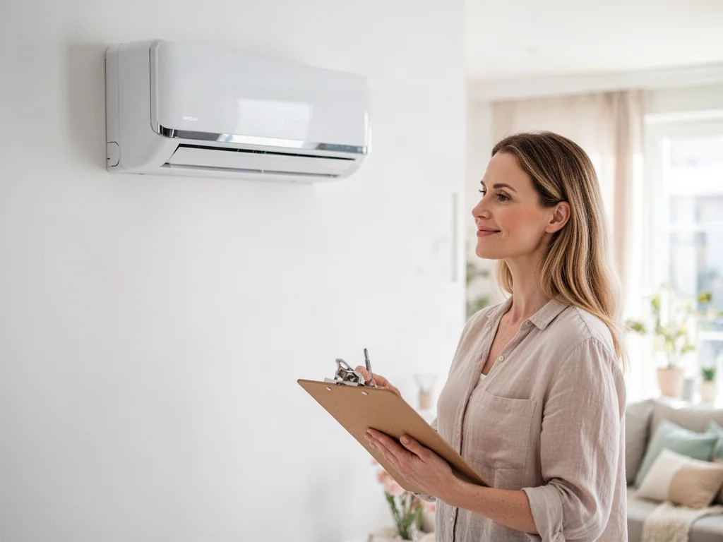 Kobieta zadowolona z montażu nowoczesnego klimatyzatora w salonie, sprawdzająca dokumentację techniczną urządzenia.