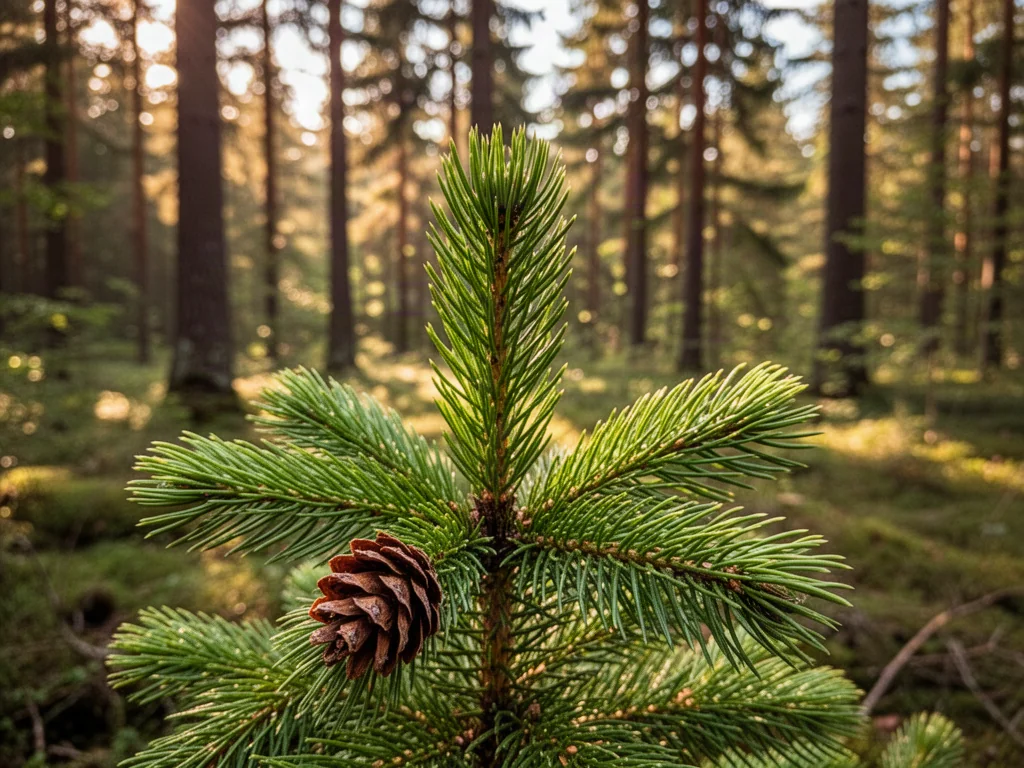 Młoda sadzonka świerka pospolitego z szyszką w słonecznym lesie, ilustrująca wczesny etap wzrostu drzewa.