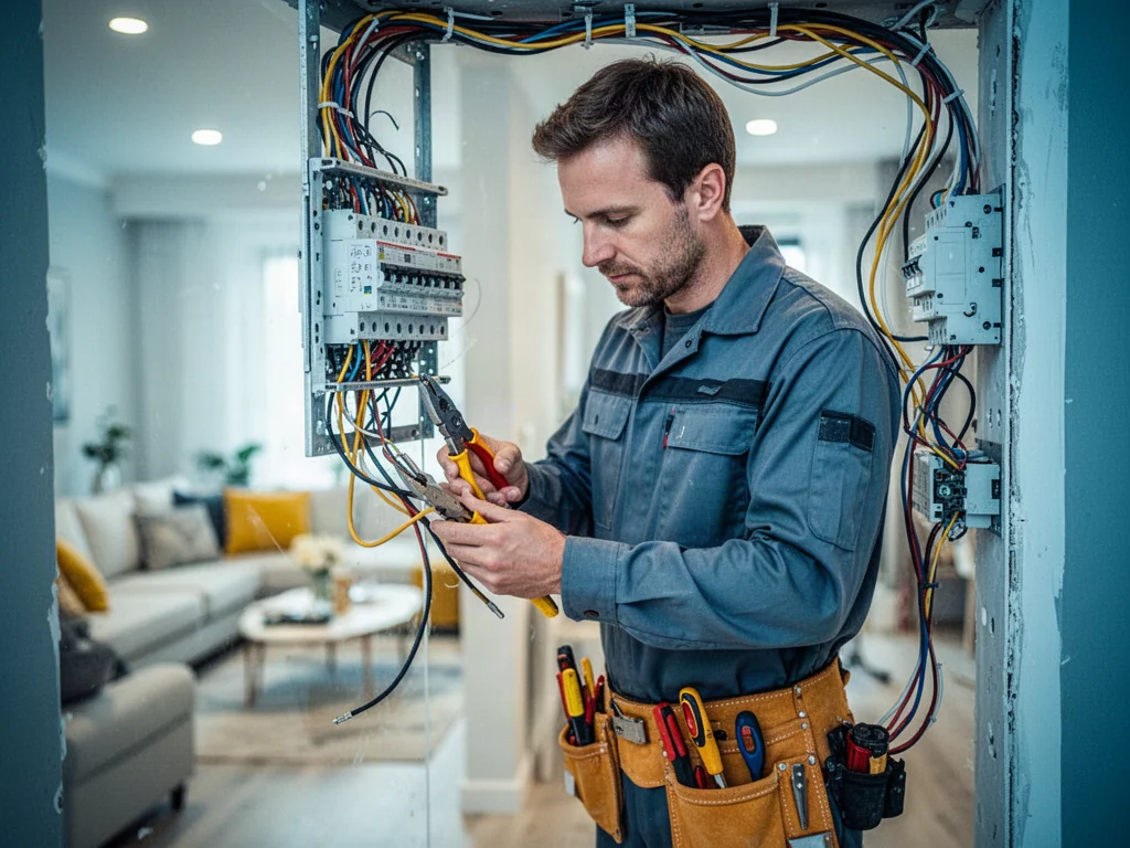Elektryk w stroju roboczym naprawia instalację elektryczną wewnątrz ściany nowoczesnego salonu.