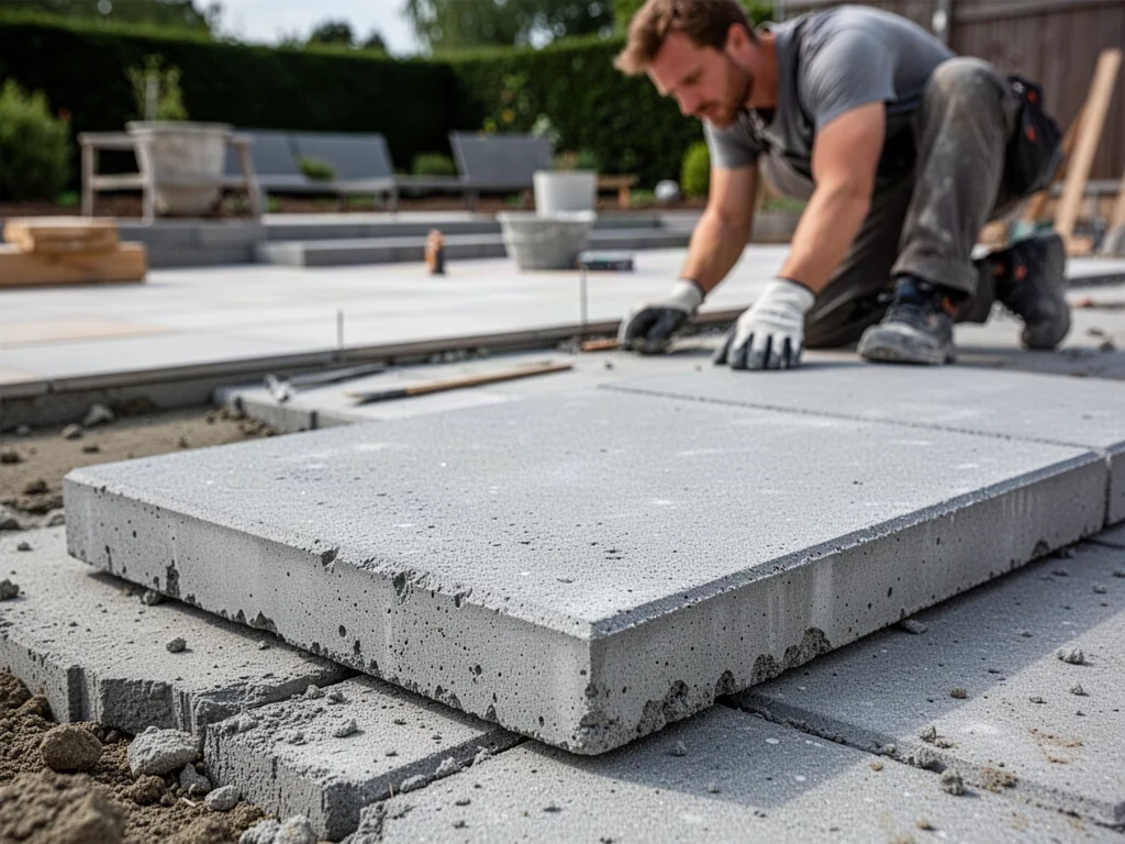 Szara betonowa płyta chodnikowa o wyraźnej fakturze na placu budowy, w tle pracownik układający nawierzchnię tarasu.