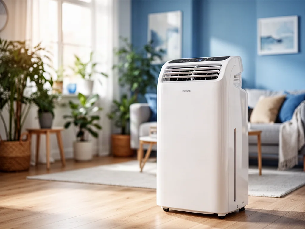Nowoczesny, przenośny klimatyzator w jasnym salonie w stylu skandynawskim. Urządzenie zapewnia chłód w domowym wnętrzu.