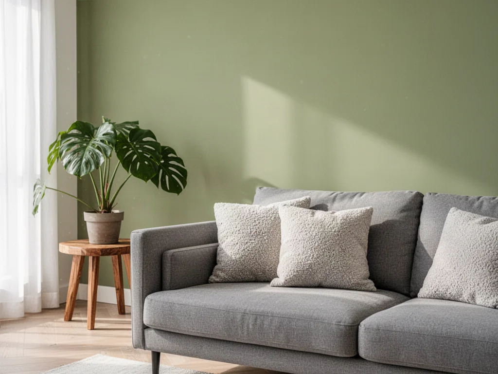 Szara kanapa na tle ściany w kolorze szałwiowej zieleni w nowoczesnym, jasnym salonie z roślinnością.